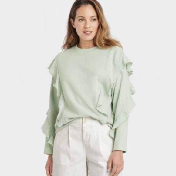 NWT -  Women's Ruffle Sleeve Sweatshirt - A New Day Light Green - TARGET - FALL - Picture 2 of 5